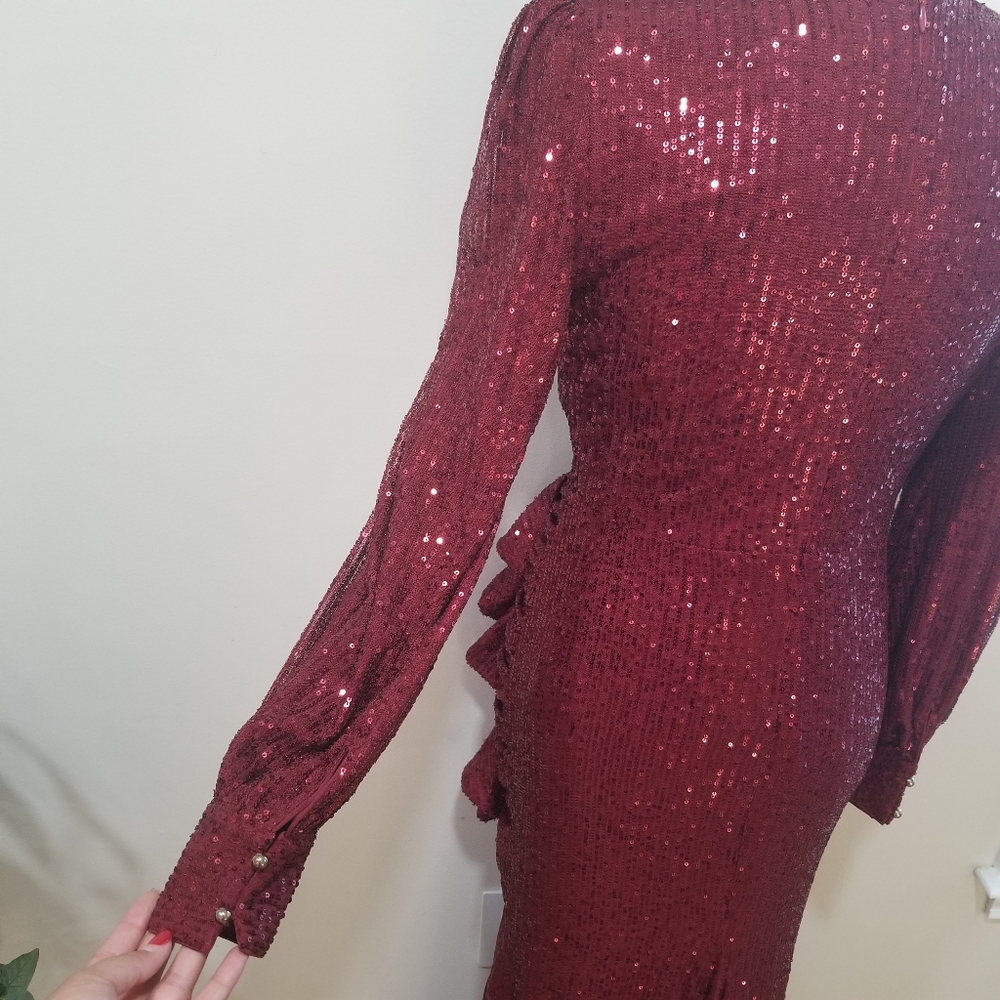 FAERIESTY Sequin Maxi Dress Burgundy Size S. Elegant Burgundy Sequin Gown - Picture 11 of 16